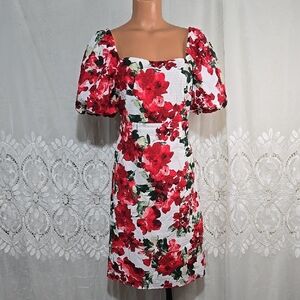 Julia Jordan Square Neckline Red/White/Green Floral Dress Sz 10